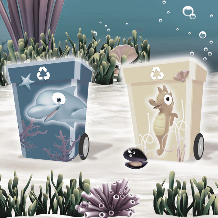 Imagen del fondo del mar con unos cubos de reciclaje y la Familia Oceanix