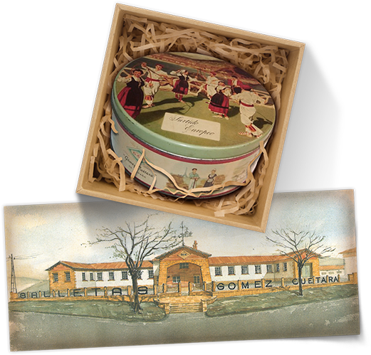 Ilustração da fábrica de Reinosa e fotografia de uma embalagem de bolachas Surtido