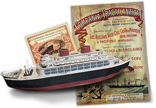 Brochuras e embarcação de uma  companhia translatlantica