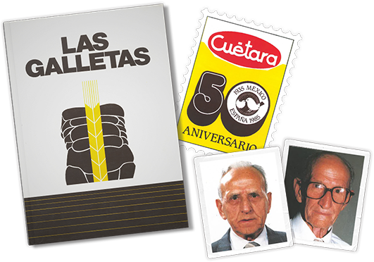Fotografías de carnet de Juan y Florencio Gómez Cuétara. Folletos y sellos del 50 aniversario de Cuétara en 1985