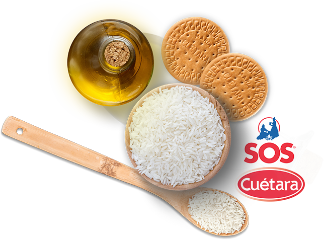 Fotografias das bolachas Cuétara e do arroz SOS Arana Alimentação